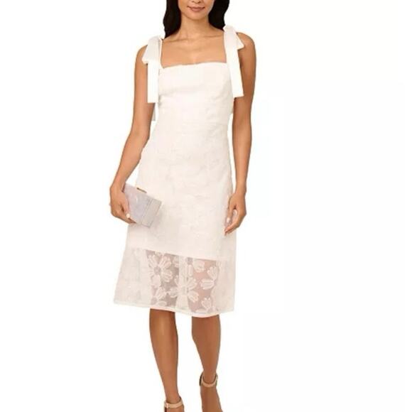 Adrianna Papell Women’s Tie Strap Floral Midi Cocktail Dress Sz 16 Winter White - Picture 1 of 16